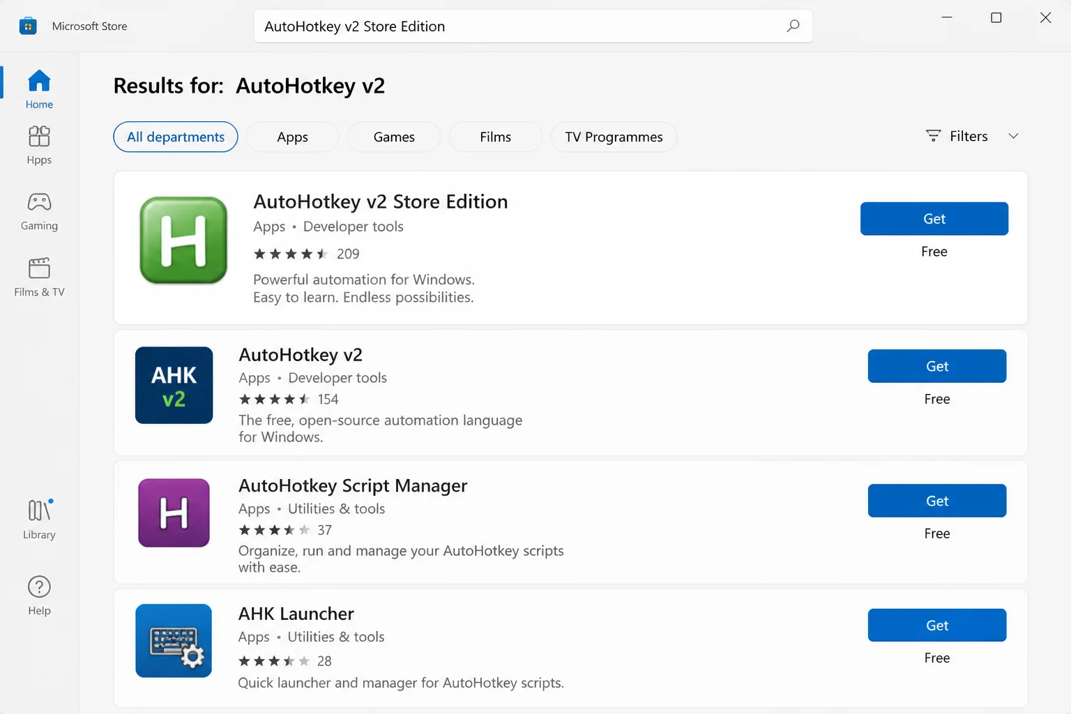 Microsoft Store search results showing AutoHotkey v2 Store Edition listing with the Get button visible