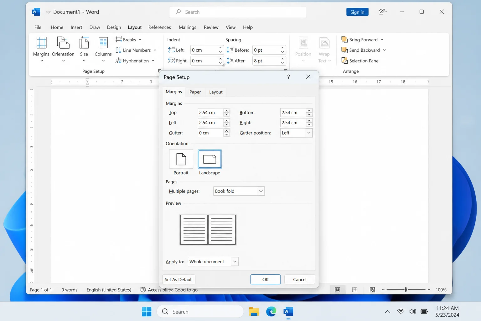 Word Page Setup dialog open on the Margins tab, with the Multiple pages dropdown showing Book fold selected