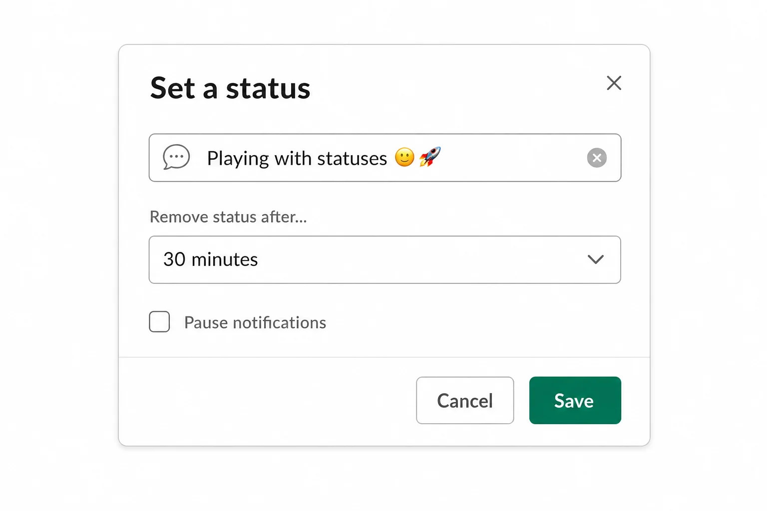 Slack Set a status dialog with emoji picker, status text field, and duration dropdown visible