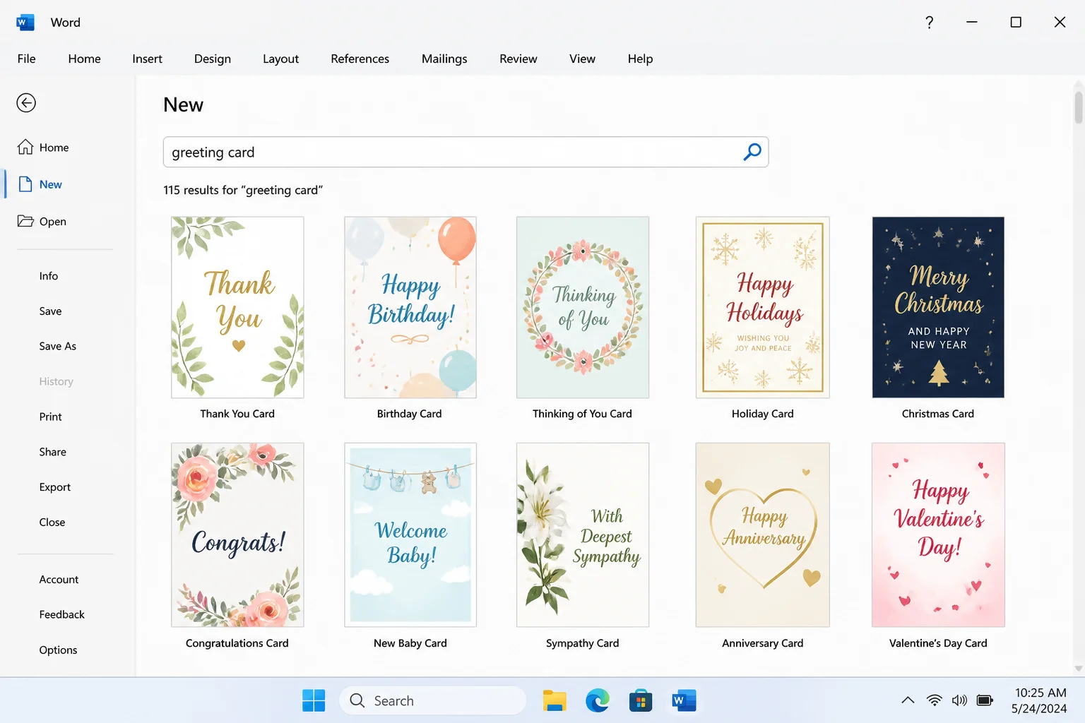 Word New document screen showing greeting card template search results with multiple card designs displayed in a grid