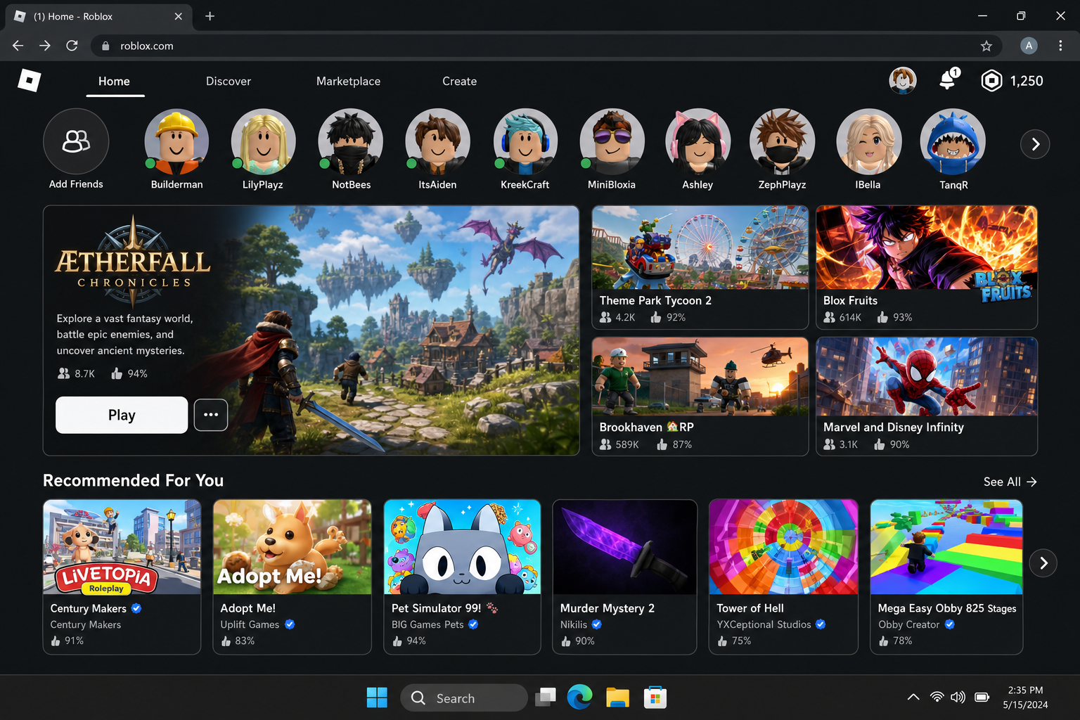 Roblox homepage showing featured experiences and user-created worlds