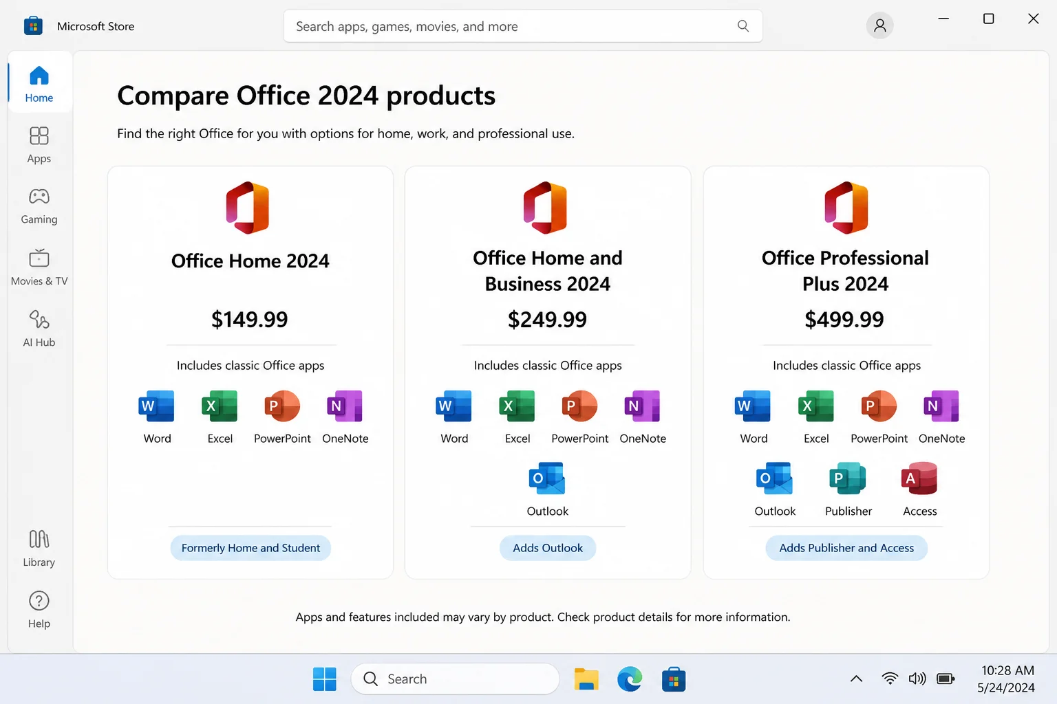 Microsoft Store page showing three Office 2024 edition tiles Home, Home and Business, and Professional Plus with prices