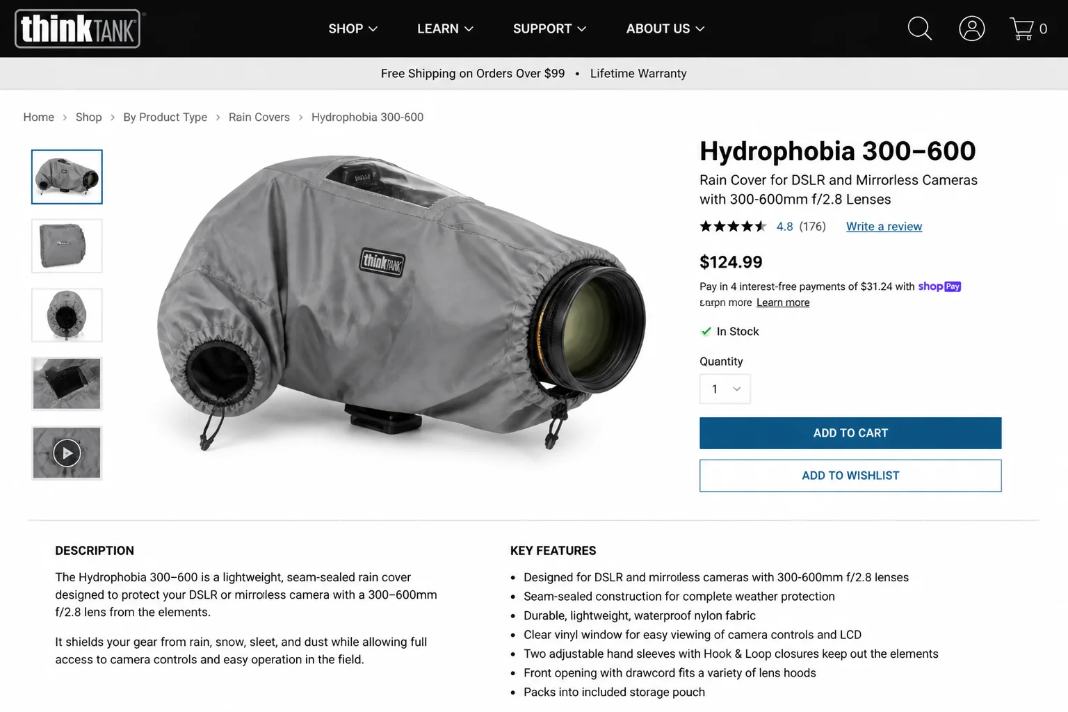 Think Tank Hydrophobia rain cover fitted over a DSLR camera with a telephoto lens, clearly showing the seam-sealed