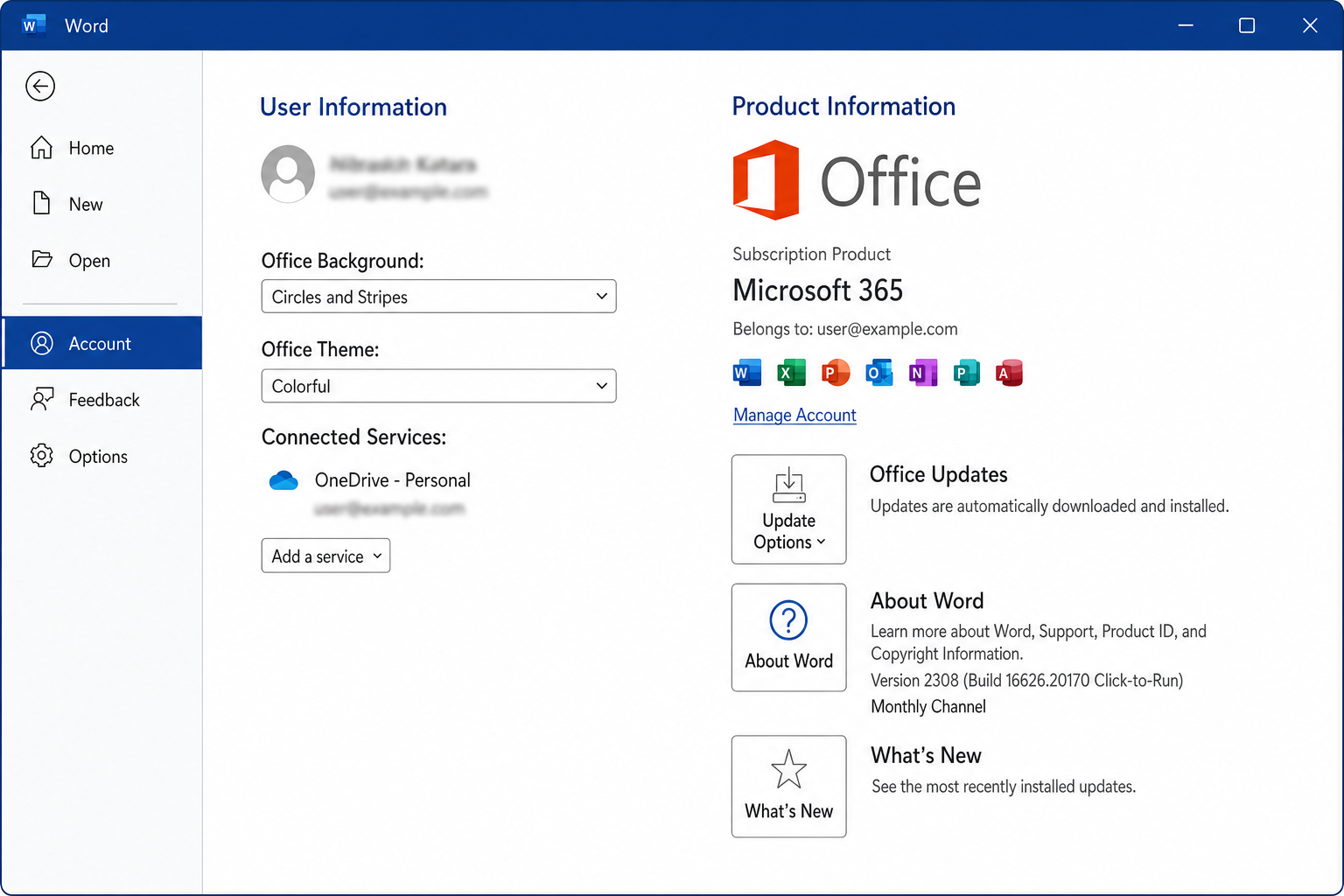 Word File > Account page showing Product Information section with Microsoft 365 product name and version/build number