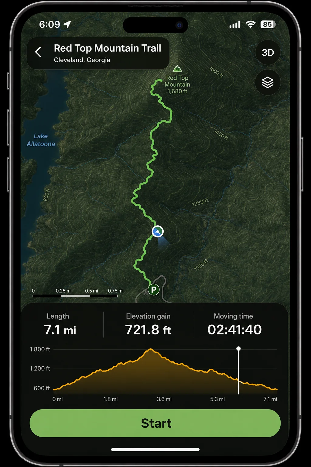 AllTrails navigation screen showing user location on trail with route line, distance, and elevation stats