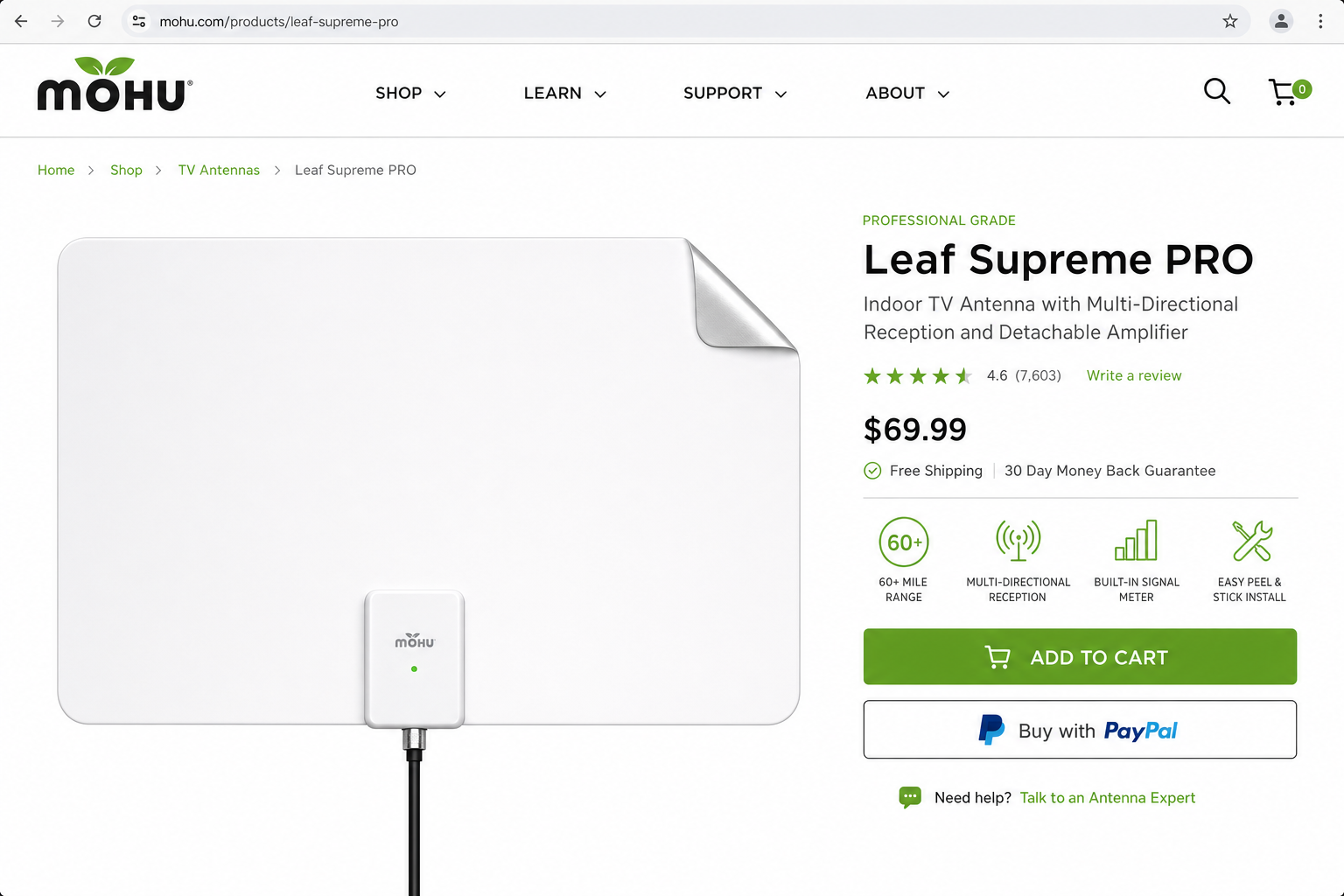 Product photo of the Mohu Leaf Supreme Pro indoor TV antenna showing its flat design and integrated signal meter