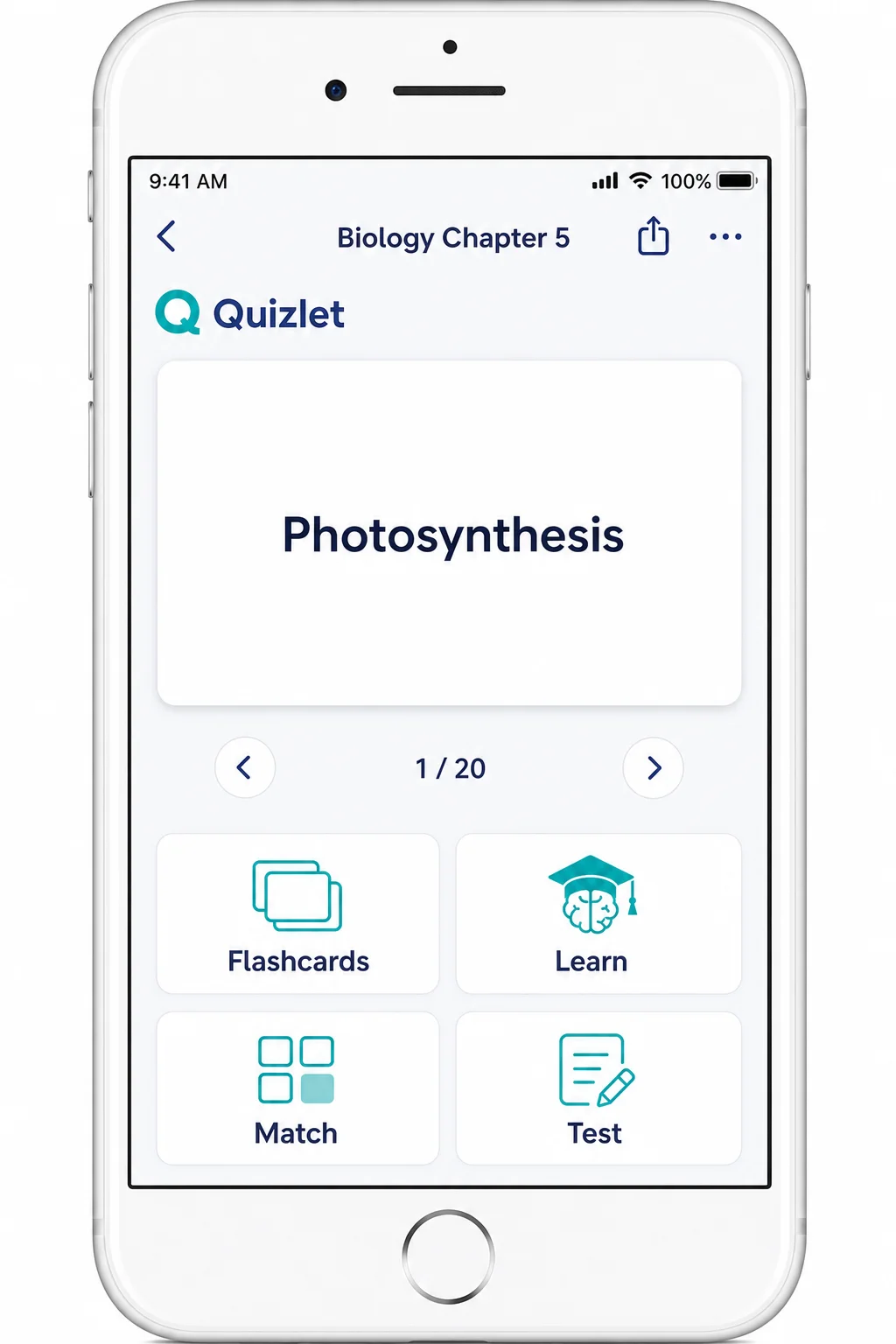 Quizlet app showing a flashcard set with study mode options including Learn, Flashcards, Match, and Test