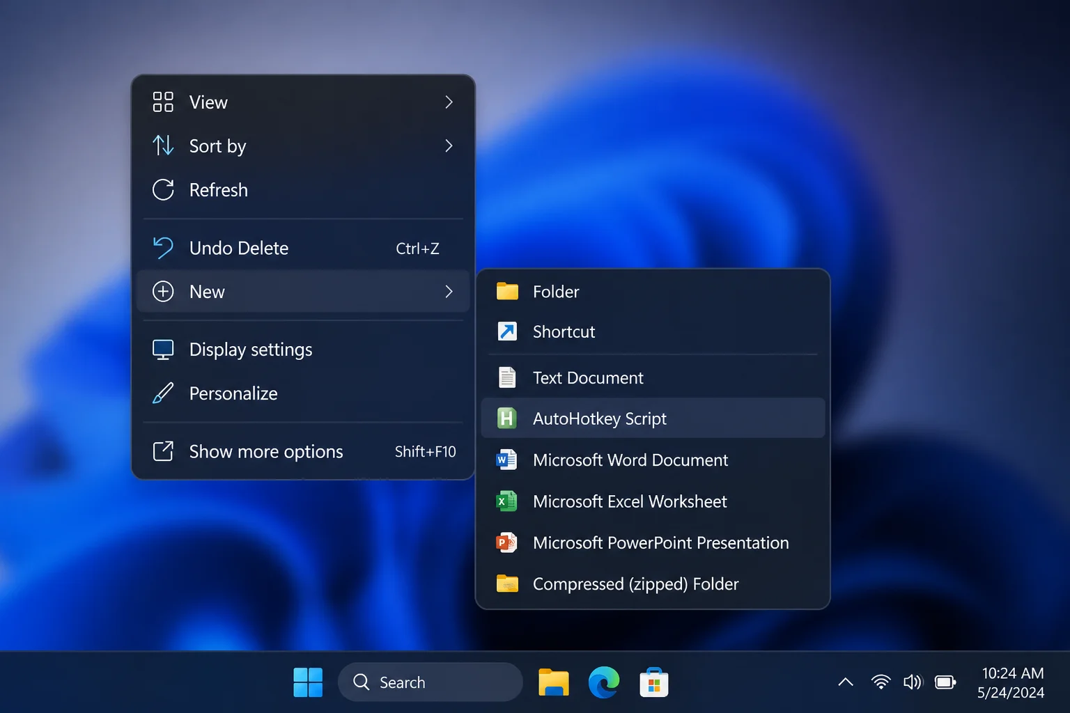 Windows 11 right-click context menu on the Desktop showing New > AutoHotkey Script option highlighted