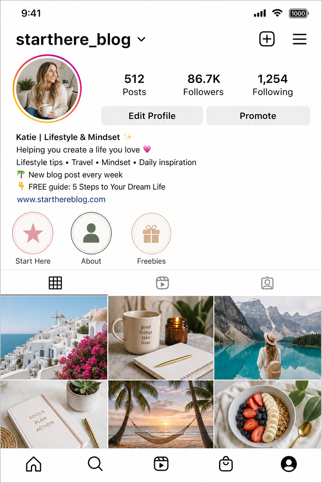 Instagram profile page showing Story Highlights row with labeled covers including Start Here, About, and Freebies