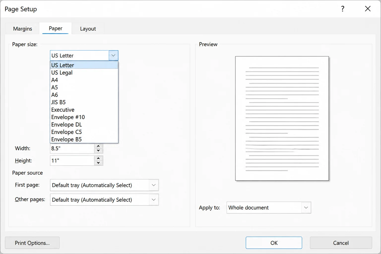 Word Page Setup dialog on the Paper tab with Paper size dropdown open showing US Letter selected