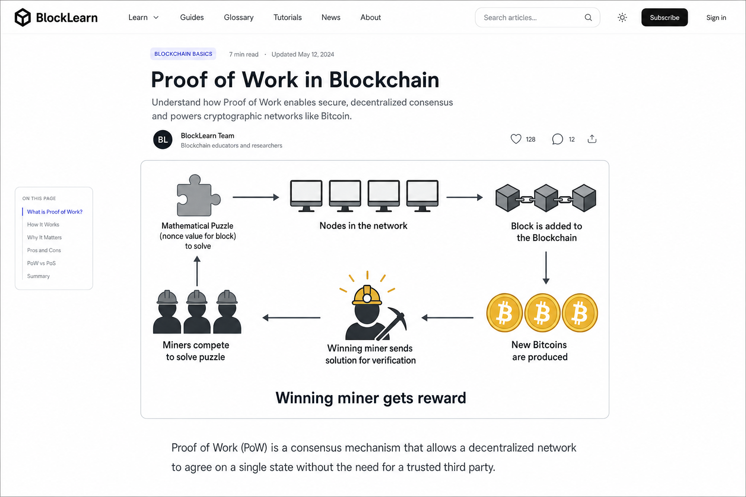 Diagram illustrating proof-of-work mining process with multiple computers competing to solve a cryptographic puzzle to add a
