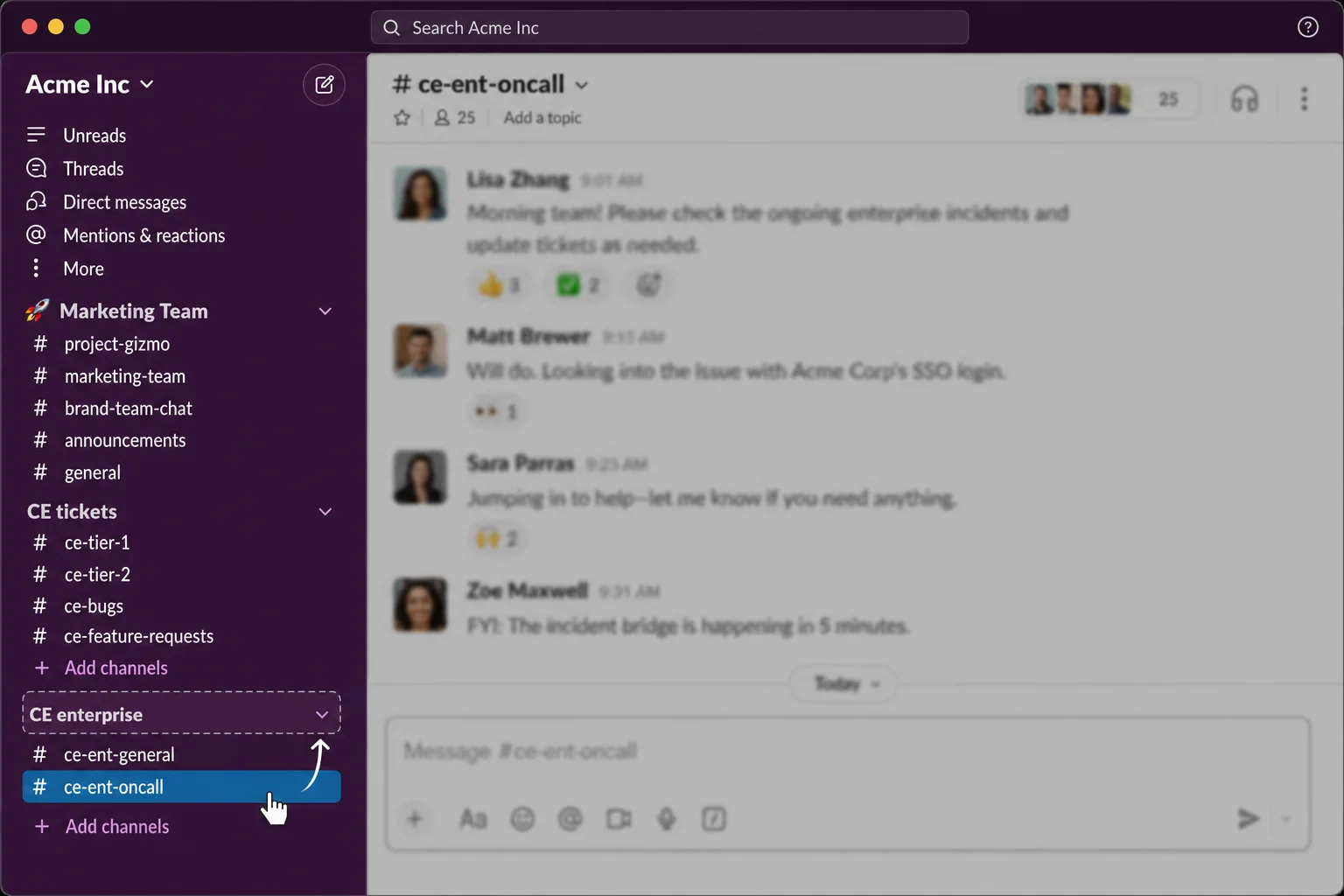 Slack left sidebar showing a custom section being created with channels being dragged into it