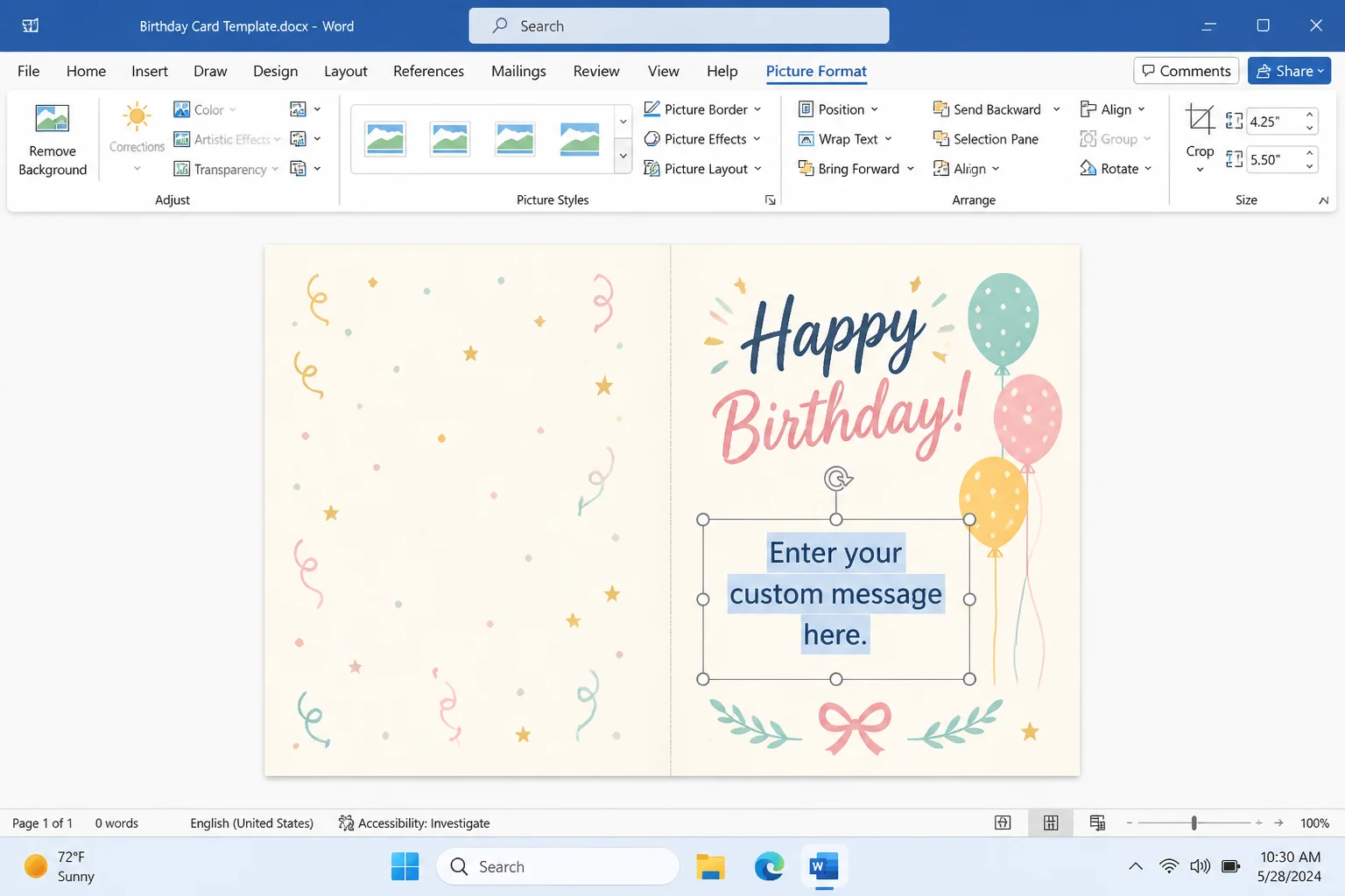 Word greeting card template open for editing with placeholder text selected in a text box and the Picture Format tab active