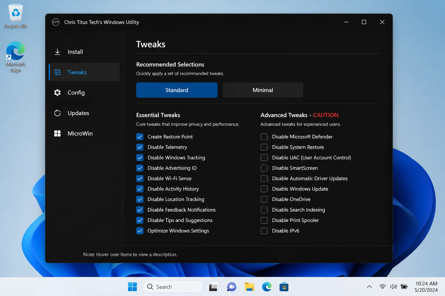 Chris Titus Tech Windows Utility open in PowerShell showing the Tweaks tab with Standard Tweaks options visible