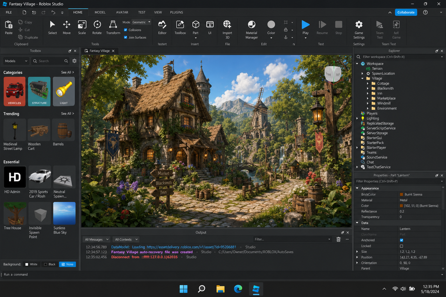 Roblox Studio interface showing a user-created 3D world in the editor