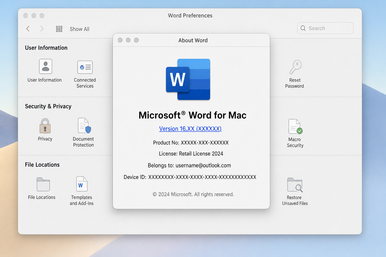 macOS Word About Word dialog showing version number and product name, with Word Preferences Account panel visible