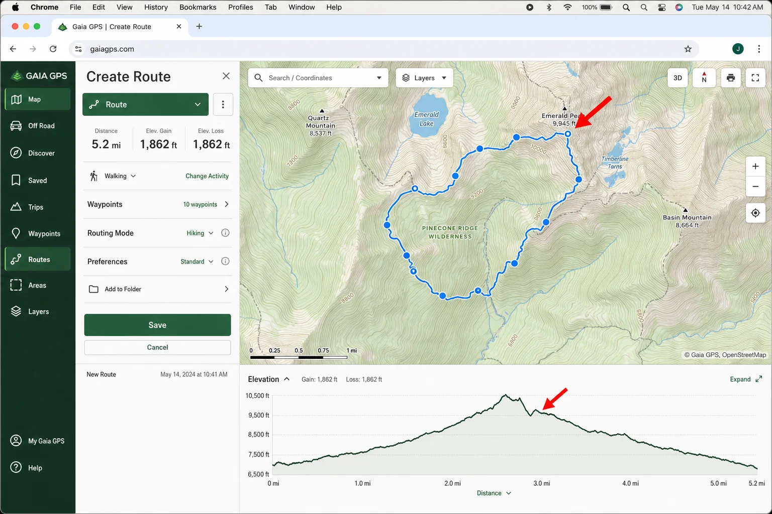 Gaia GPS web route planner with a route drawn on a topo map showing elevation profile