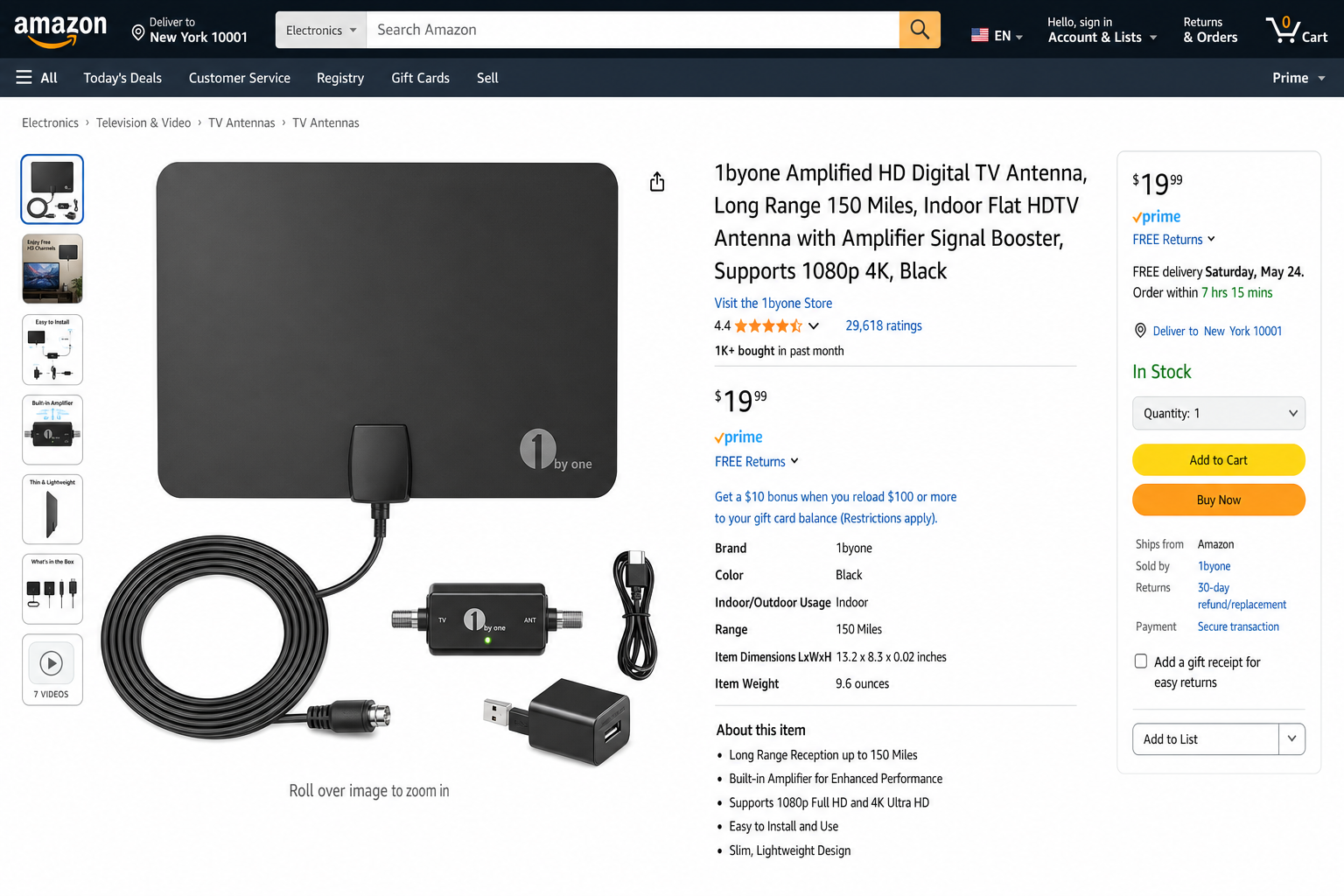 Product photo of the 1byone Amplified HDTV Antenna showing its flat panel design and included cables