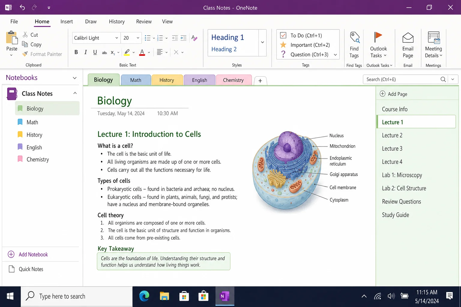 Microsoft OneNote showing a notebook organized by class with sections and pages visible in the sidebar