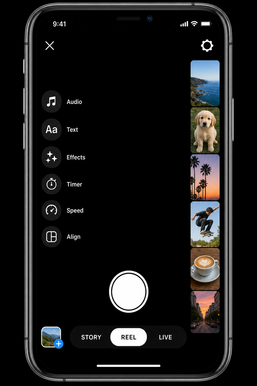 Instagram Reels creation screen showing the recording interface with audio, captions, and template options visible