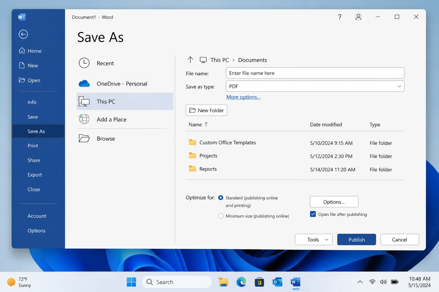 Word File menu open with Save As highlighted, showing document save options including PDF format