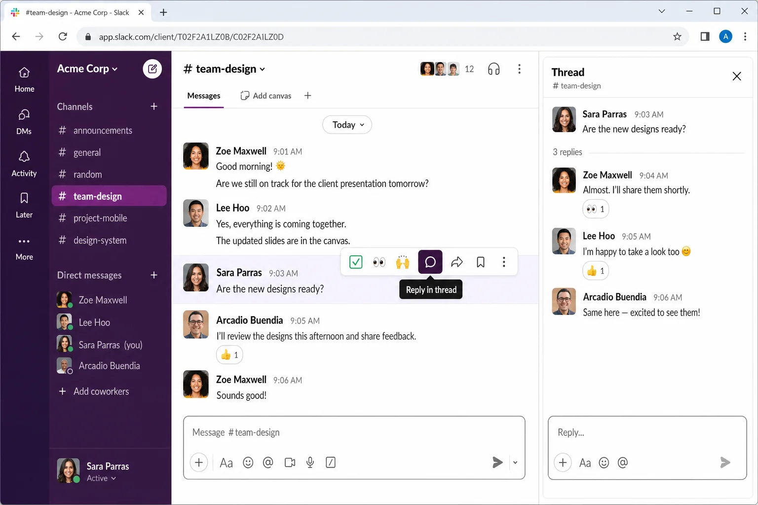 Slack message with the Reply in thread button highlighted, and the thread panel open on the right side