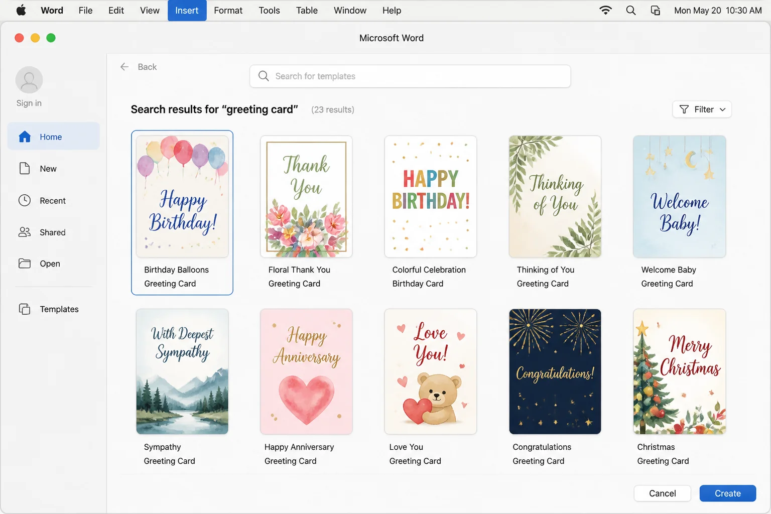 Word for Mac New document screen showing greeting card template search results with card designs displayed in a grid