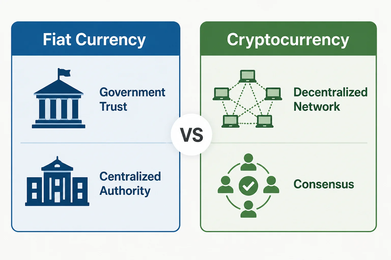 Conceptual illustration comparing fiat currency backed by government trust versus cryptocurrency backed by decentralized