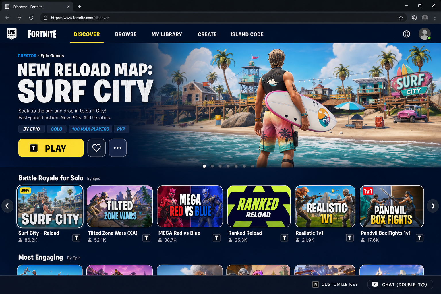 Fortnite Discover tab showing user-created UEFN islands and creative experiences
