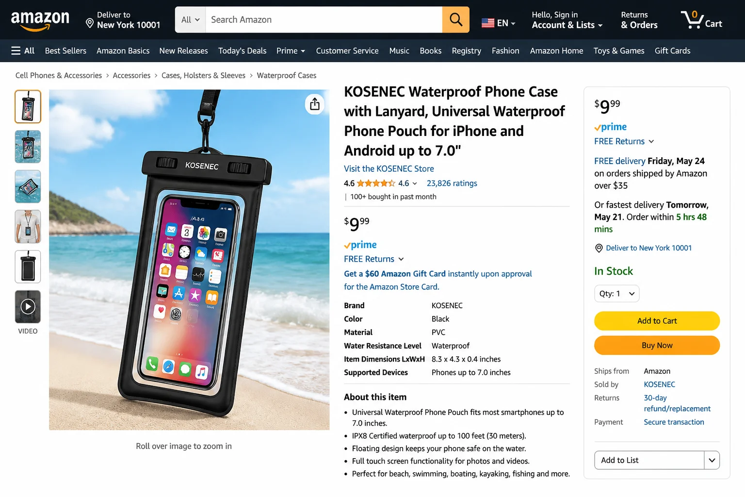 Waterproof phone pouch shown sealed around a smartphone with a lanyard attached, next to a beach or pool setting