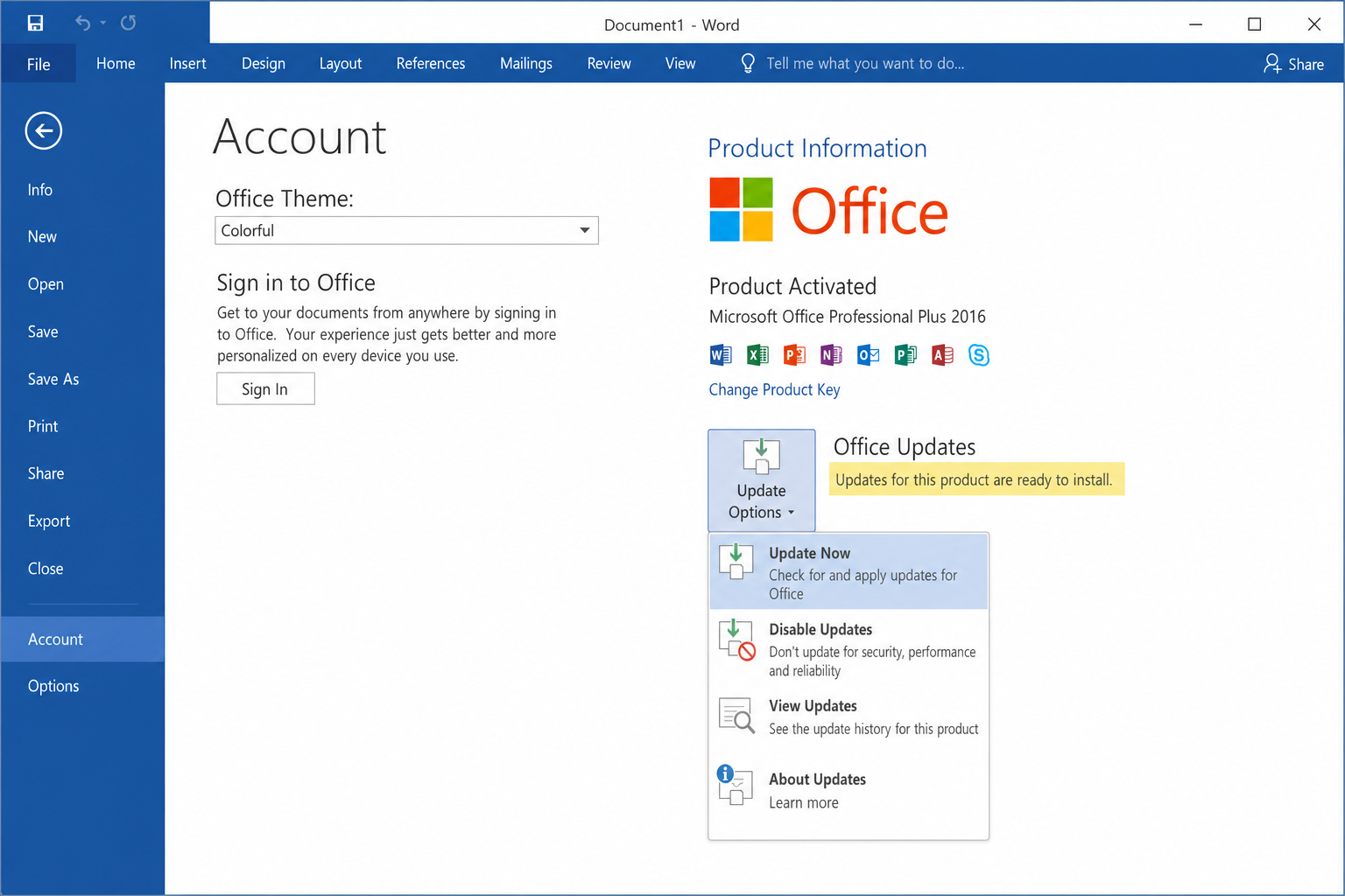 Word File > Account page with Update Options dropdown open showing Update Now option highlighted