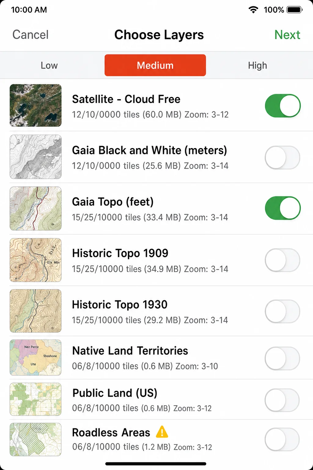 Gaia GPS offline map download screen with area selection and map layer options visible