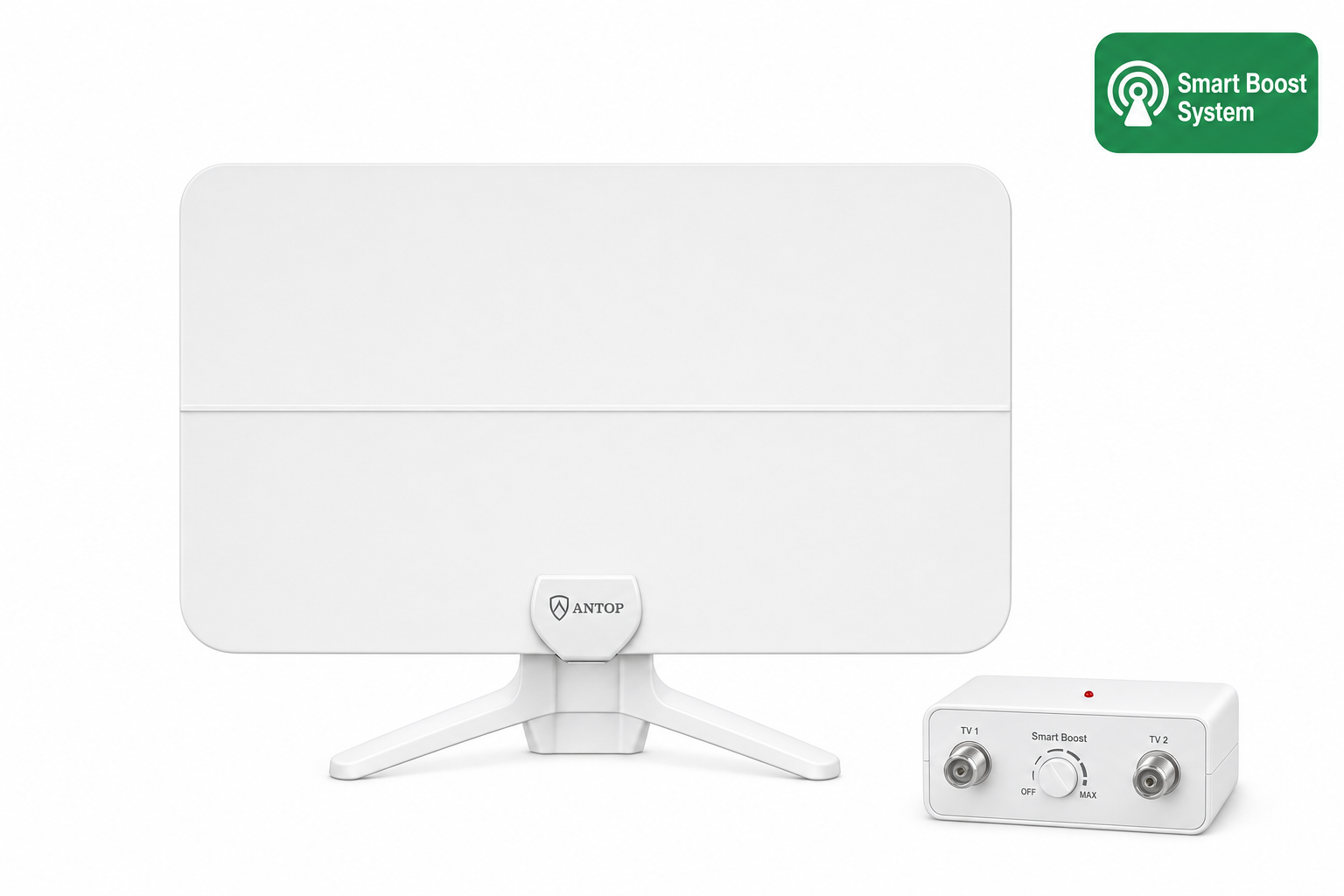 Product photo of the Antop HD Smart Antenna SBS-301 showing its stand and dual output connections