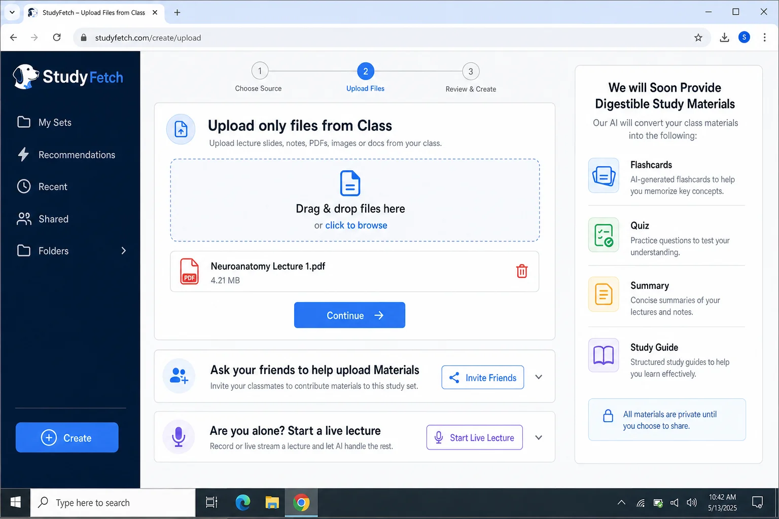 StudyFetch dashboard showing uploaded course materials with AI-generated flashcards and quiz options