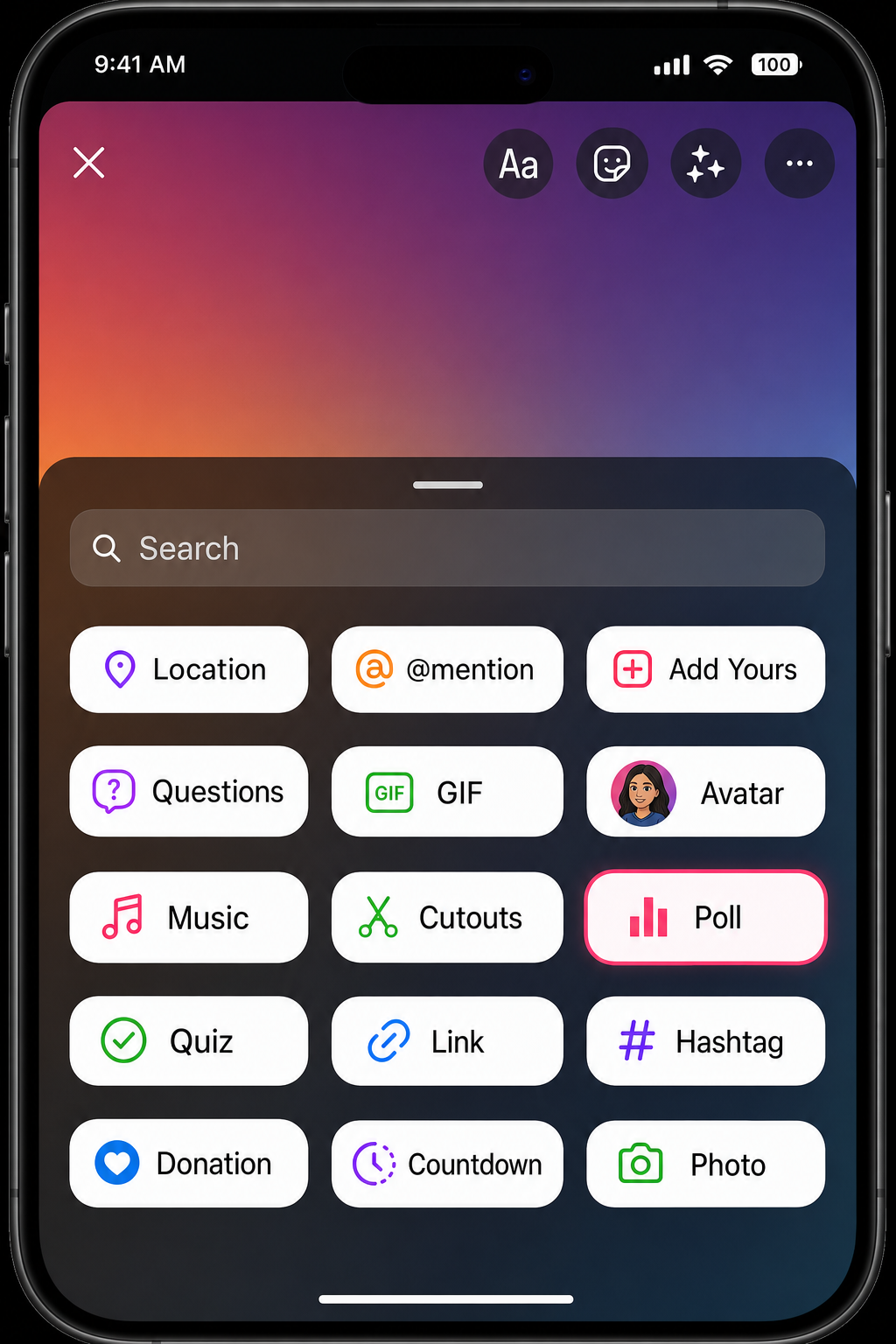 Instagram Story creation screen with interactive sticker tray open showing poll, question, quiz, and link sticker options
