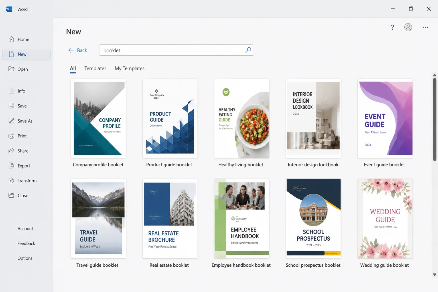 Word File > New screen with "booklet" typed in the search bar and a grid of booklet template thumbnails displayed in the
