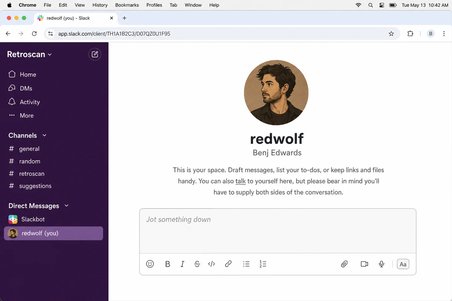 Slack DM conversation with yourself open, showing notes and saved links in the message thread