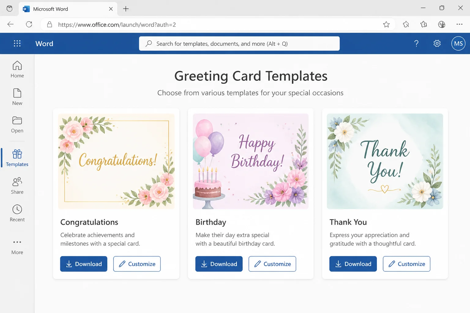 Word for the web greeting card template gallery showing multiple card categories including birthday, holiday, and thank-you