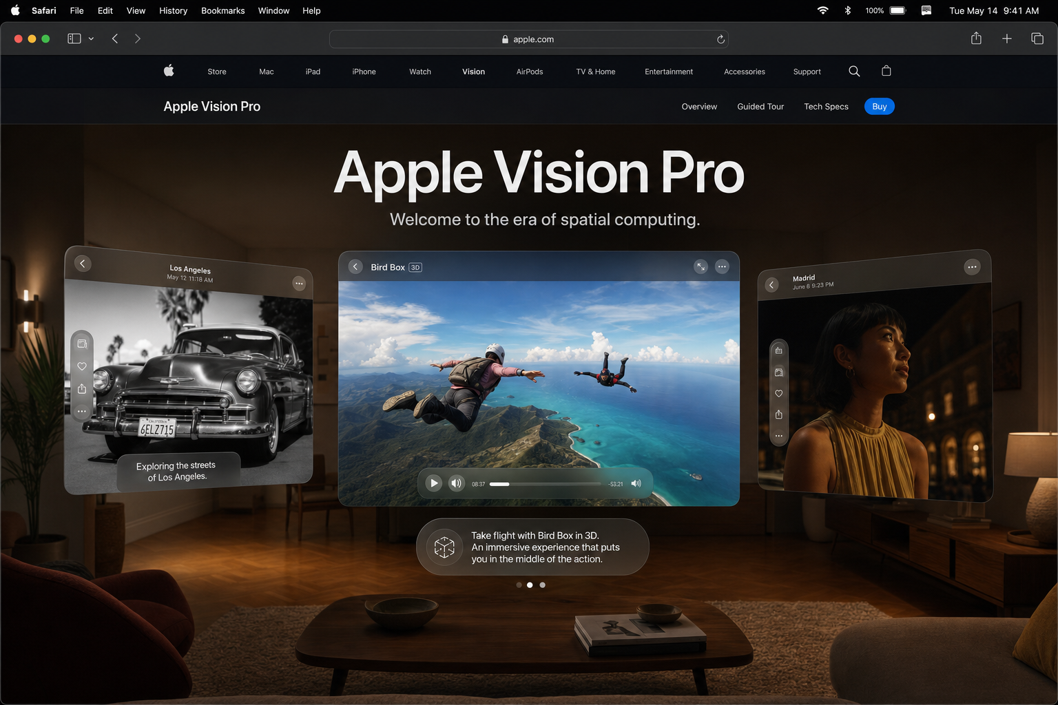 Apple Vision Pro product page on apple.com showing spatial computing features