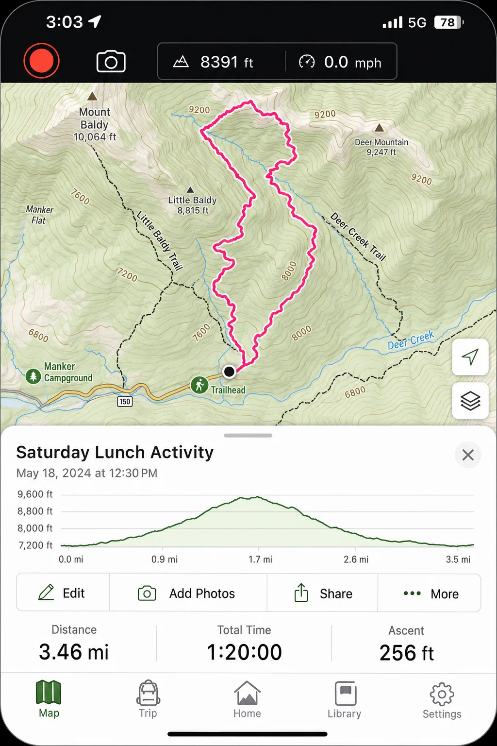 Gaia GPS active recording screen showing GPS breadcrumb trail on topo map with distance and elevation stats