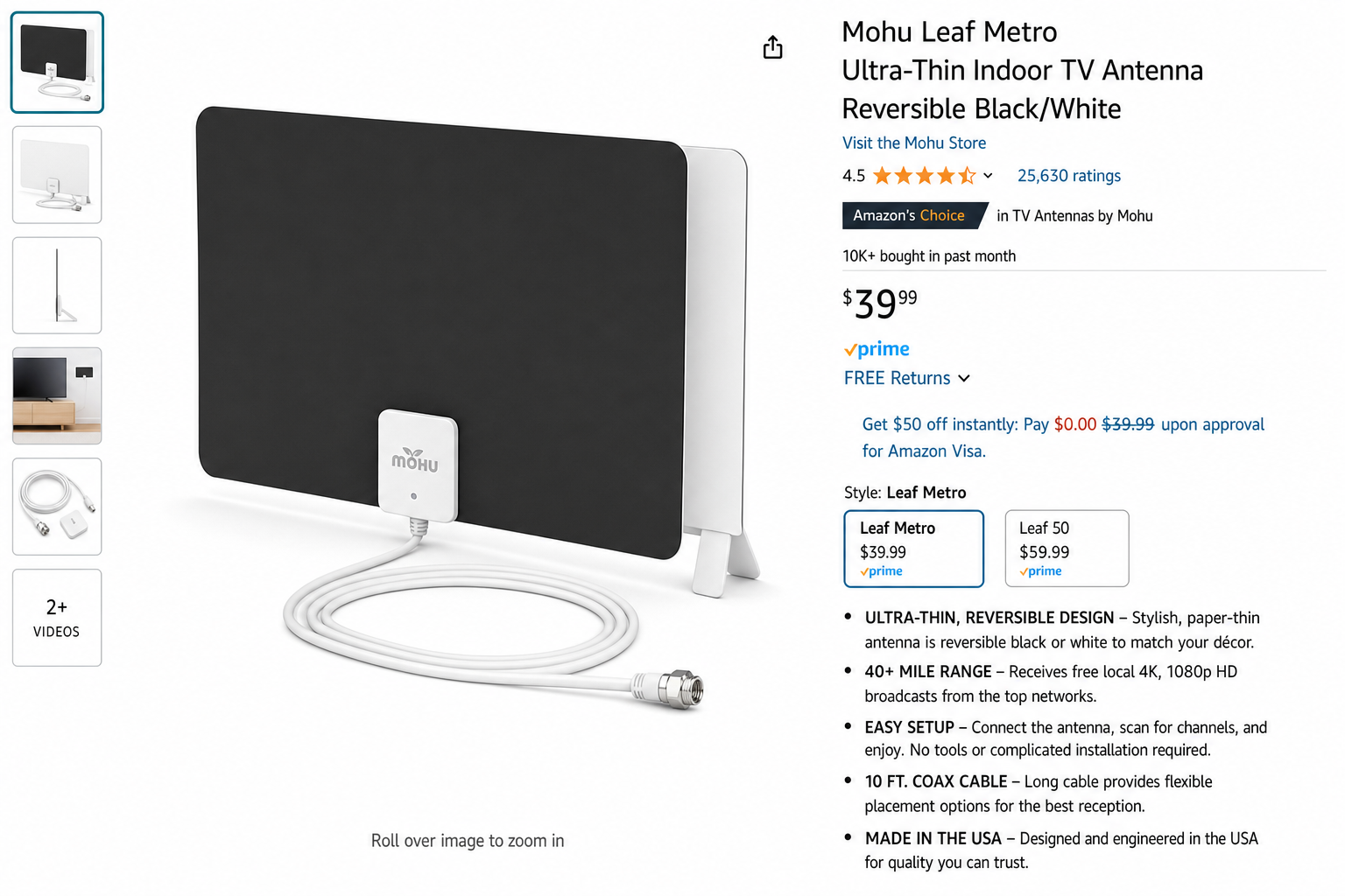 Product photo of the Mohu Leaf Metro ultra-thin indoor TV antenna showing its reversible black and white design