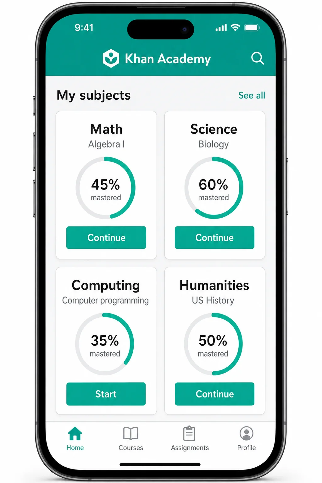 Khan Academy app showing subject categories including Math, Science, Computing, and Humanities with progress tracking