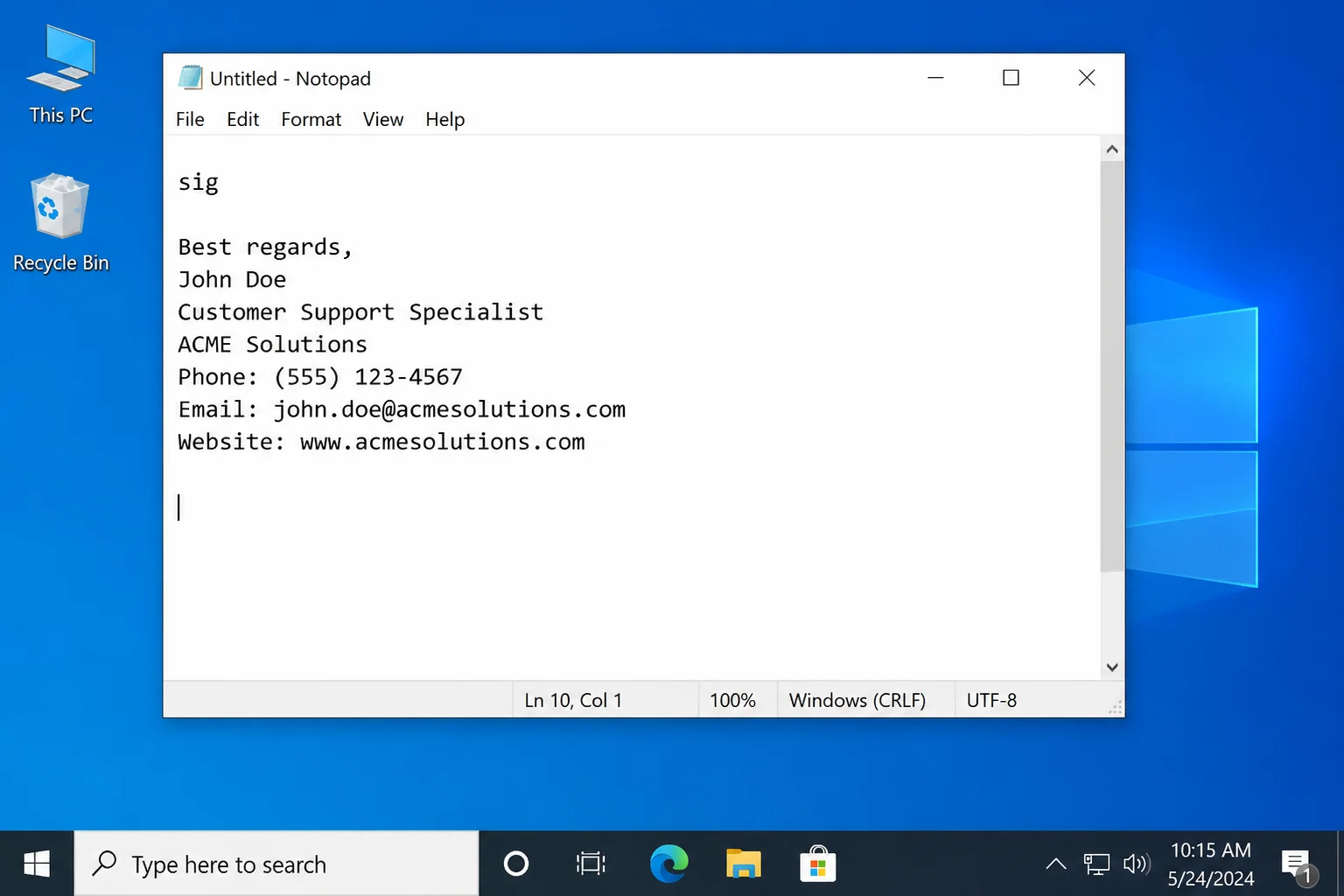 Notepad window showing an AutoHotkey hotstring expanding a typed abbreviation into a full text block