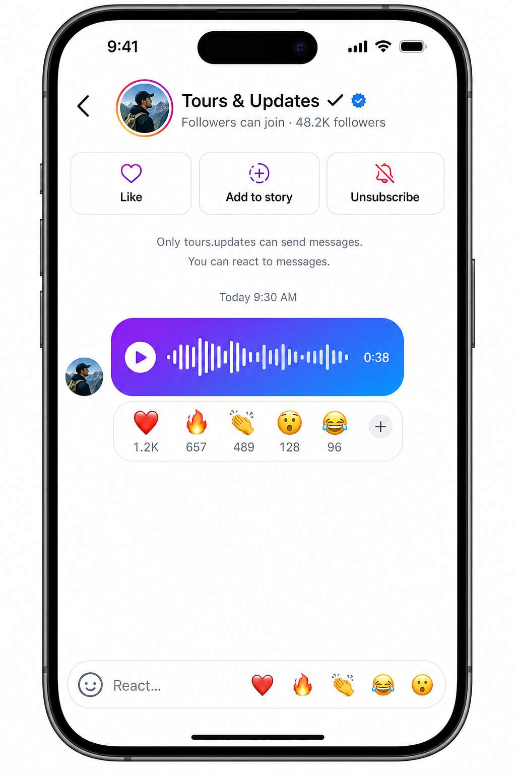 Instagram Broadcast Channel view showing a creator's channel with a message and the option for followers to react