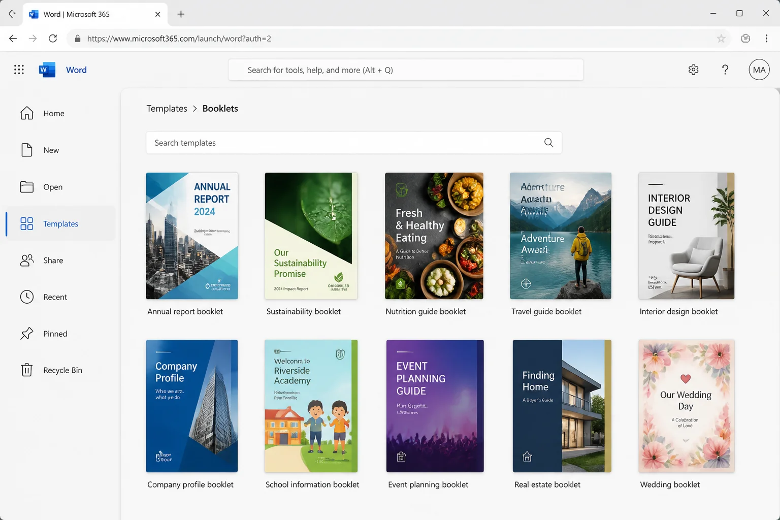 Microsoft Word for the web booklet templates gallery page showing multiple booklet template thumbnails