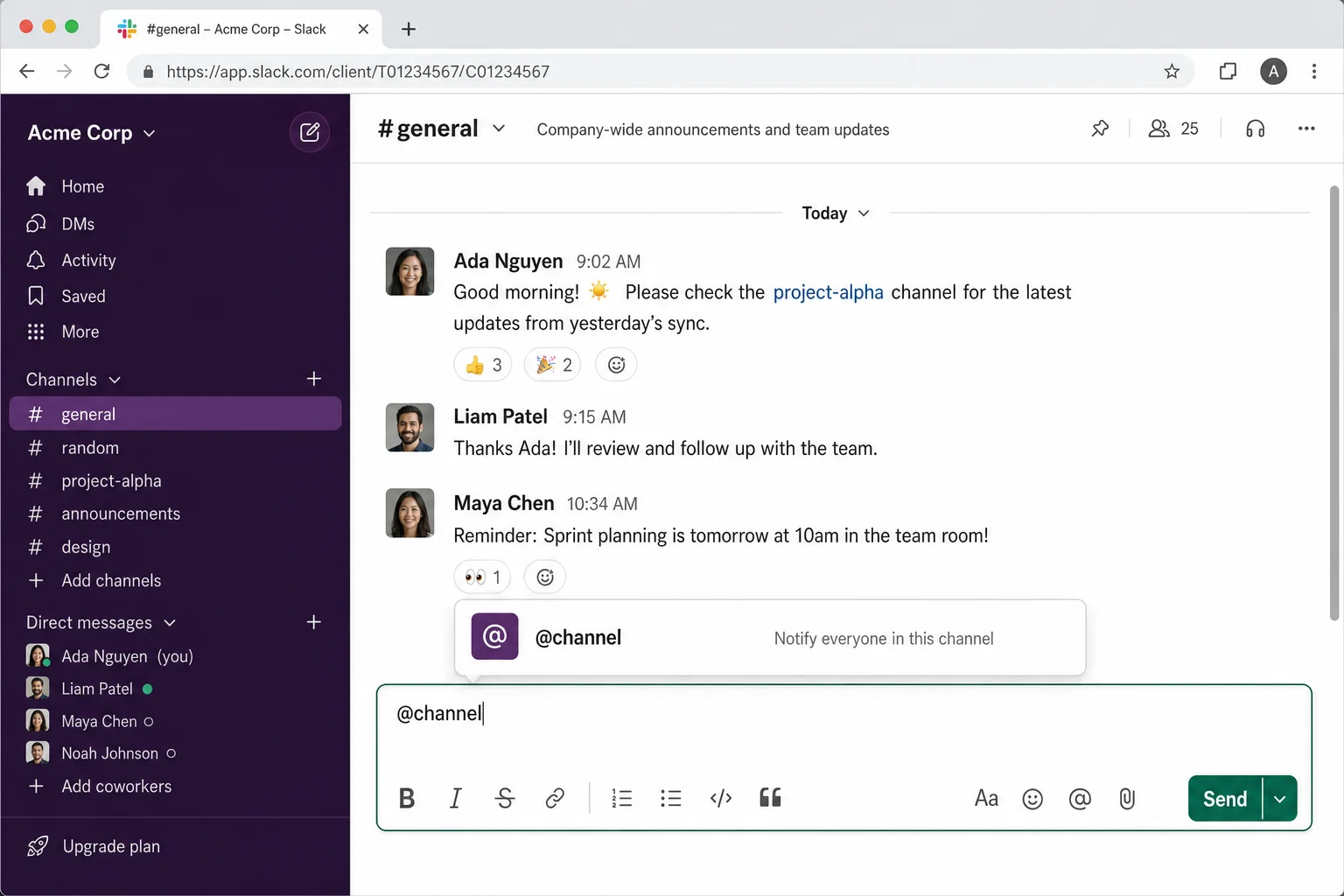 Slack message compose box with @channel mention typed and the autocomplete suggestion visible
