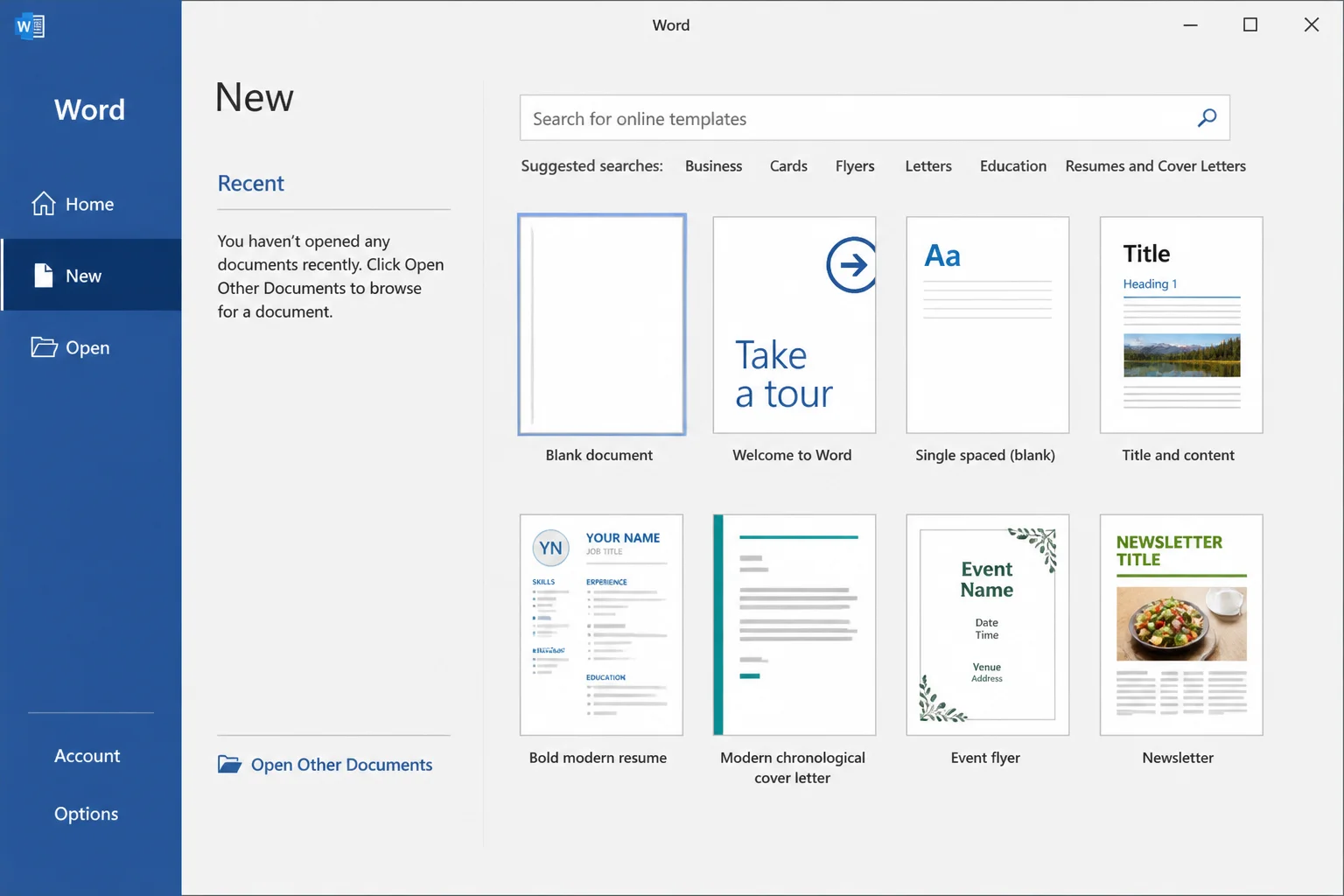 Word New document screen with the Blank document option highlighted