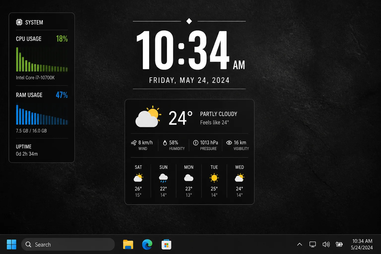 Windows desktop with Rainmeter skins applied, showing a custom clock, system stats widget, and weather skin arranged on the
