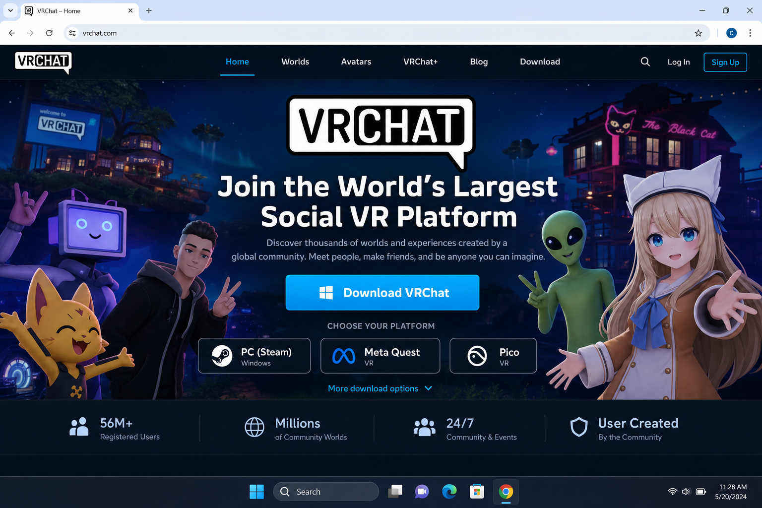 VRChat homepage with Download button visible and platform options shown