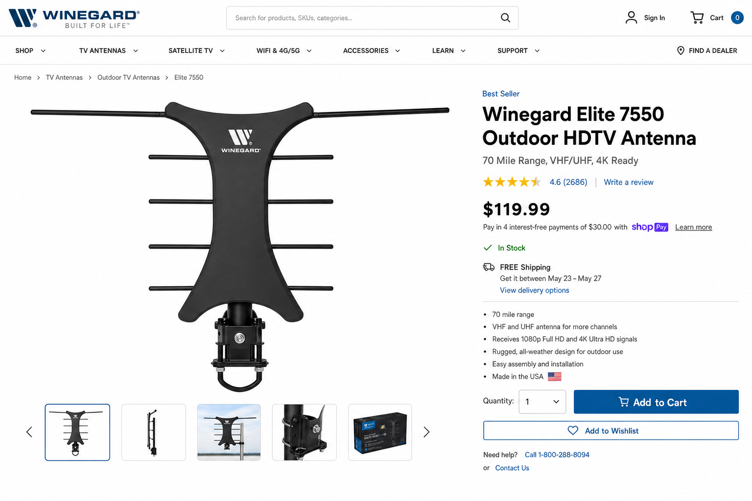 Product photo of the Winegard Elite outdoor TV antenna showing its VHF/UHF design and mounting hardware